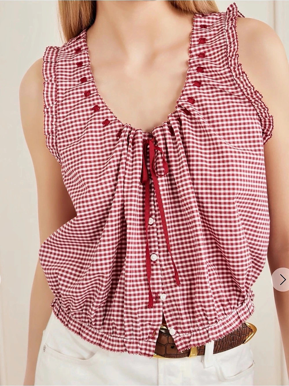 Doen Traveler Top Gingham Blouse in Red & White Large